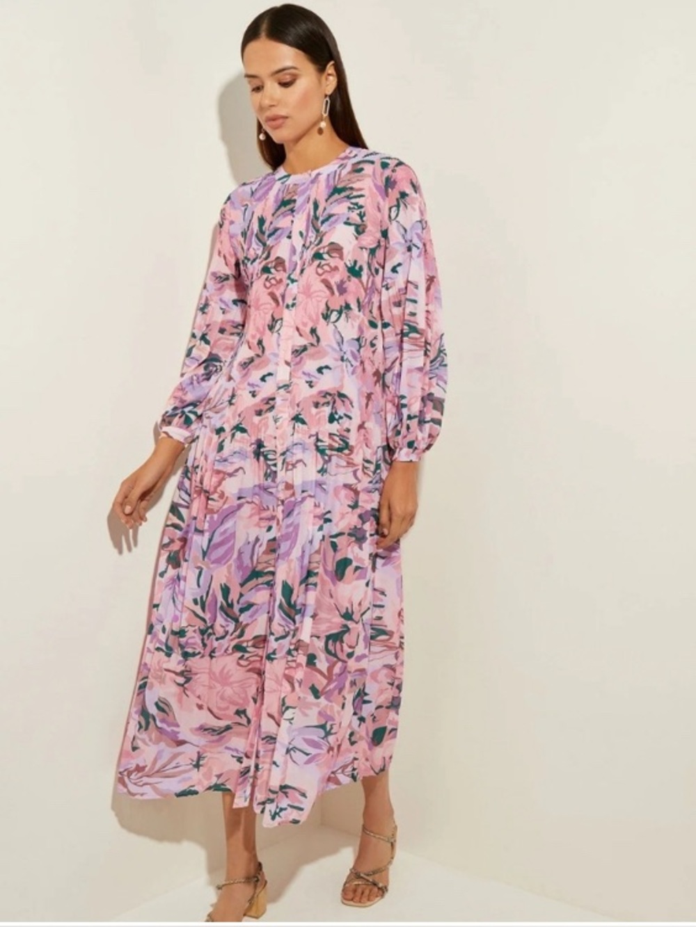 Misook Pink Floral Drop Waist Button-Front Midi Dress Plisse Pleated Size S
